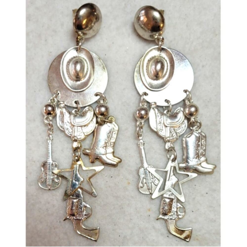 0s Y2K Western Cowgirl Dangle Charm Earrings Lightweight 3 3/4" Boots Hat Gun